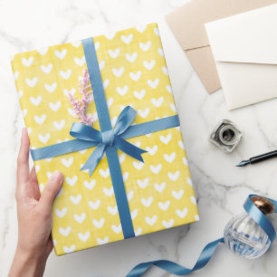 White Hearts on Bright Yellow Linen Wrapping Paper