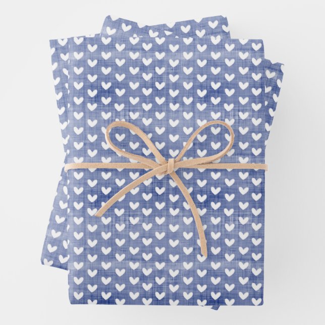 White Hearts on Dark Blue Linen Wrapping Paper Sheets (In situ)