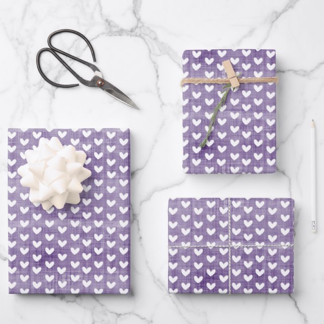 White Hearts on Dark Purple Linen Wrapping Paper Sheets (Front)