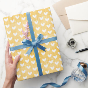 White Hearts on Mustard Yellow Linen Wrapping Paper