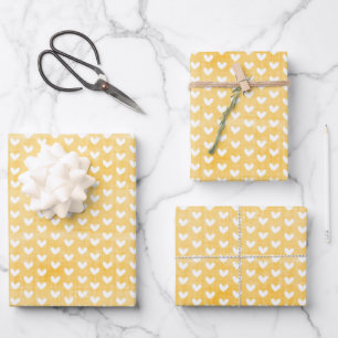 White Hearts on Mustard Yellow Linen Wrapping Paper Sheets