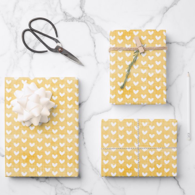 White Hearts on Mustard Yellow Linen Wrapping Paper Sheets (Front)