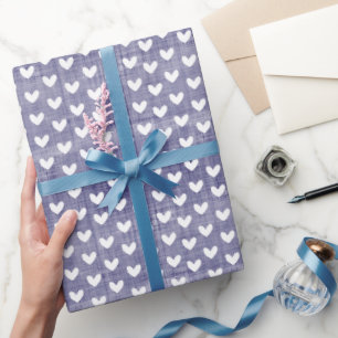 White Hearts on Navy Blue Linen Wrapping Paper