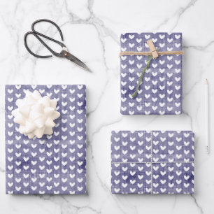White Hearts on Navy Blue Linen Wrapping Paper Sheets