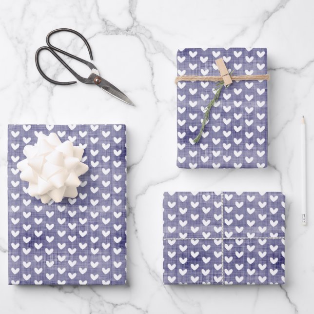 White Hearts on Navy Blue Linen Wrapping Paper Sheets (Front)