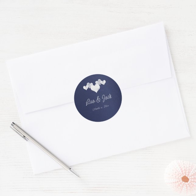 White Hearts on Navy Elegant Classic Round Sticker (Envelope)