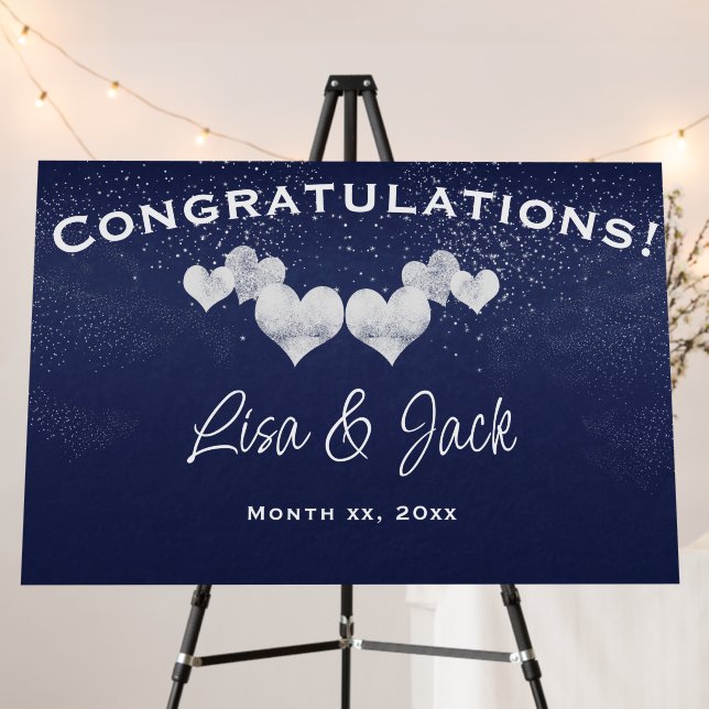 White Hearts on Navy Elegant Wedding Foam Board (In Situ (Stand))
