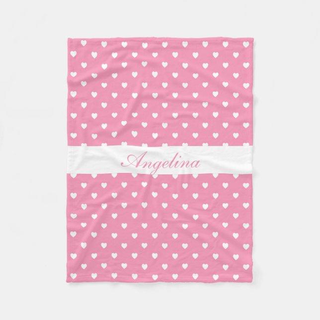 White Hearts on Pink Personalized Fleece Blanket (Front)