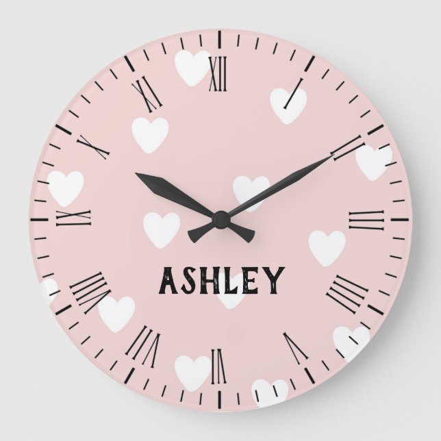 White Hearts on Pink Personalized Wall Clock  (Front)