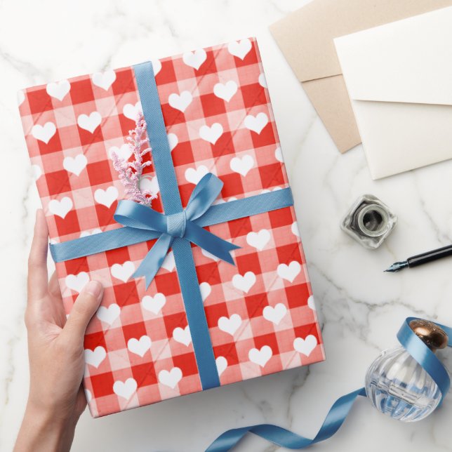 White Hearts On Quilted Gingham Wrapping Paper (Gifting)