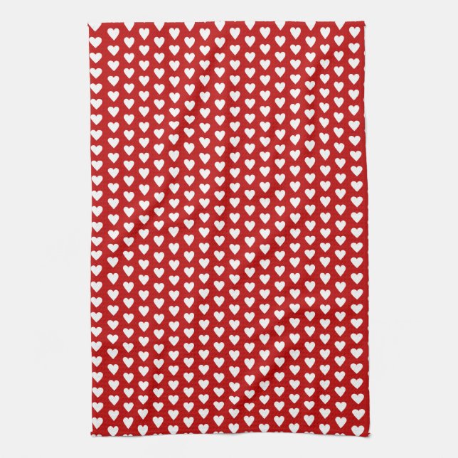 White Hearts On Red Background Dish Towel (Vertical)