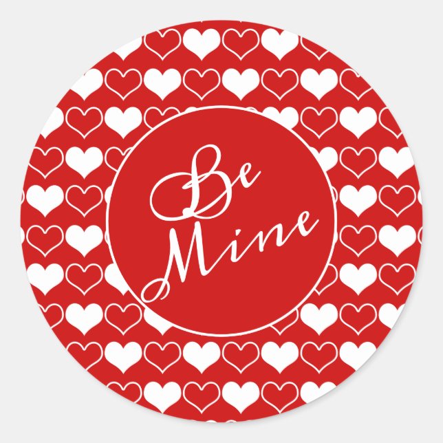 White Hearts on Red Be Mine Classic Round Sticker (Front)