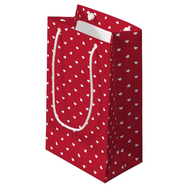 White Hearts on Red Pattern Small Gift Bag (Front Angled)
