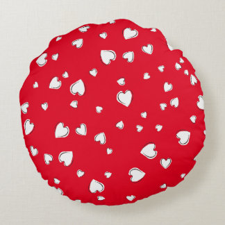 White Hearts on Red Round Pillow