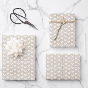 White Hearts on Tan Linen Wrapping Paper Sheets