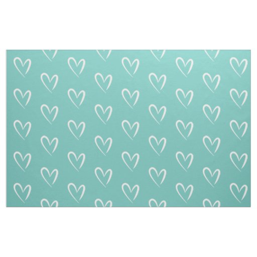 White Hearts on Teal Background Fabric