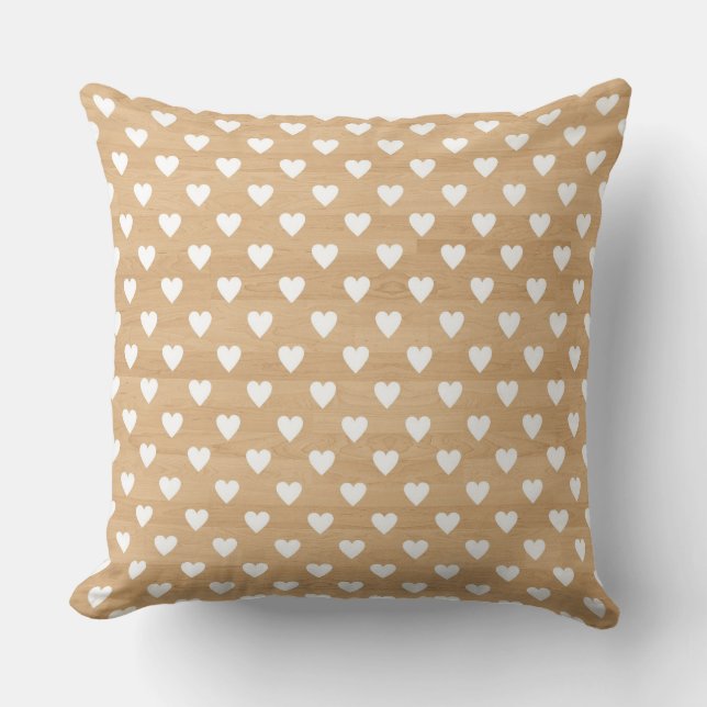 White Hearts Patter on Faux Wood Background Throw Pillow (Front)