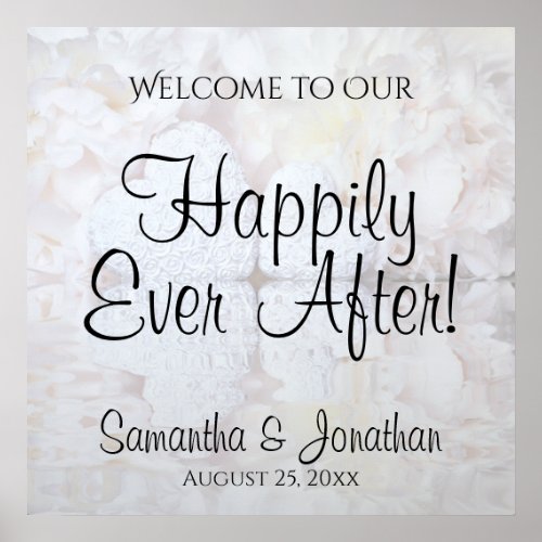 White Hearts  Peonies Elegant Wedding Welcome Poster