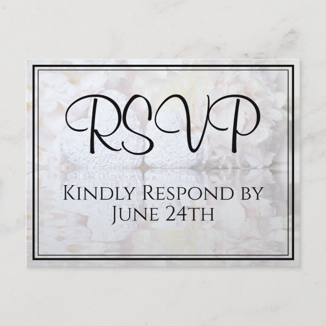 White Hearts & Peony Reflections Wedding RSVP Postcard (Front)
