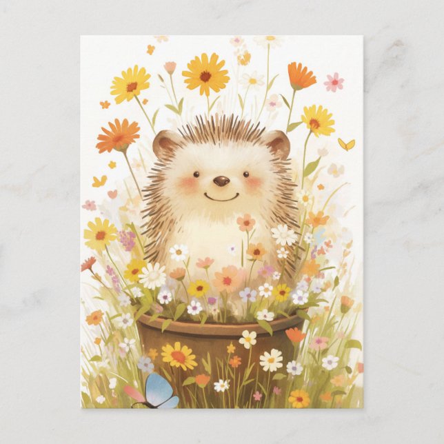 White Hedgehog in Flower Pot with Yellow Daisy Postcard (Front)