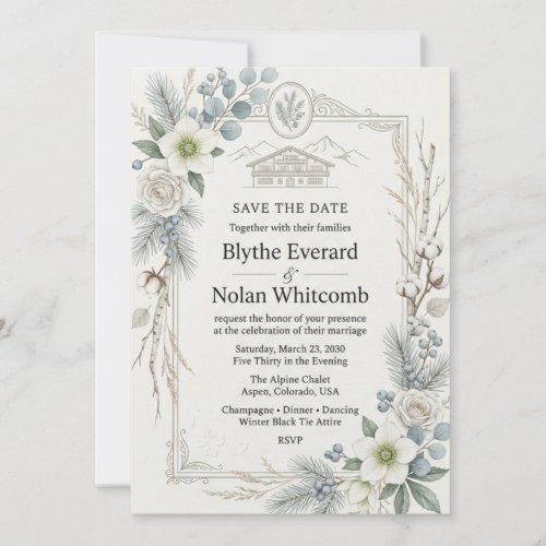 White Hellebores, Roses, Pine Needles, Berries, Co Invitation