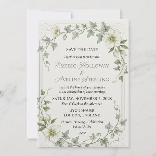 White Hellebores, Trailing Ivy Leaves, Embossed Co Invitation