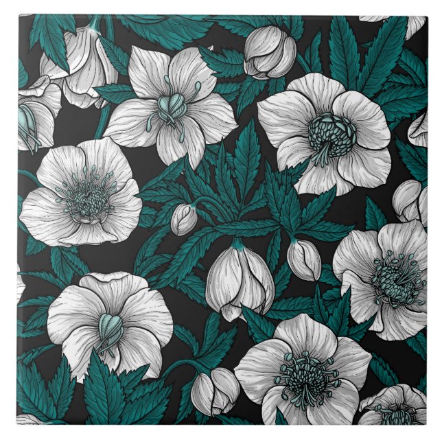 White Hellebores with blue leaves Ceramic Tile (Front)