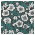 White Hellebores with blue leaves Fabric