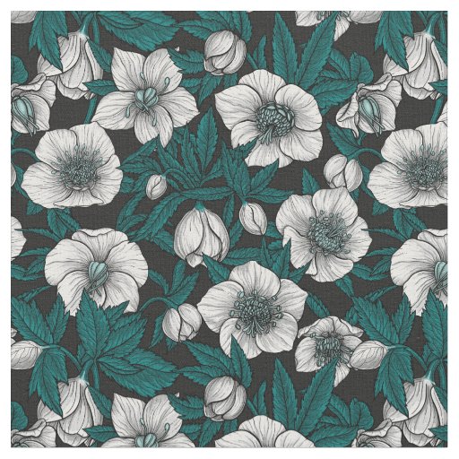 White Hellebores with blue leaves Fabric