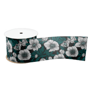 White Hellebores with blue leaves Satin Ribbon