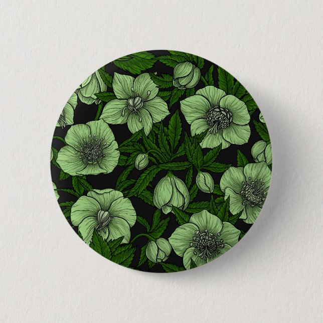White Hellebores with leaves Button (Front)