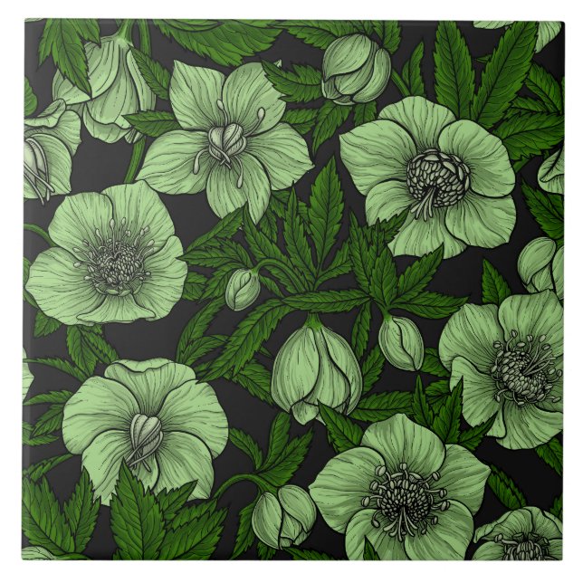 White Hellebores with leaves Ceramic Tile (Front)