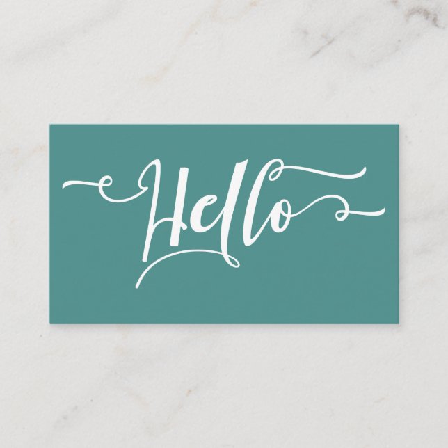 White Hello Script Typography Over Editable Teal Business Card (Front)