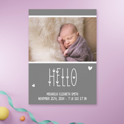 White Hello Typography Baby Birth Announcement