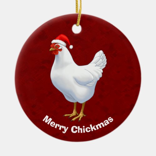 White Hen in Santa Hat Merry Chickmas Ceramic Ornament