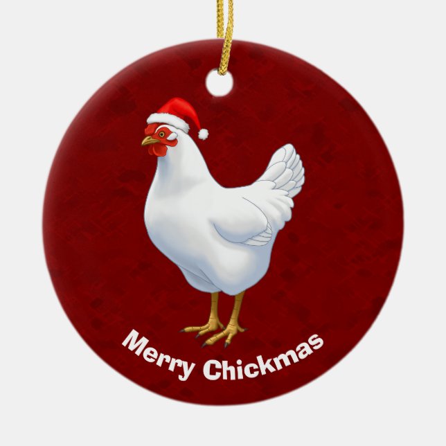 White Hen in Santa Hat Merry Chickmas Ceramic Ornament (Front)