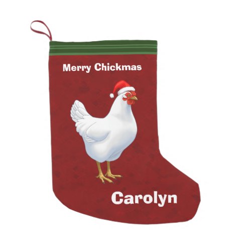 White Hen in Santa Hat Merry Chickmas Small Christmas Stocking