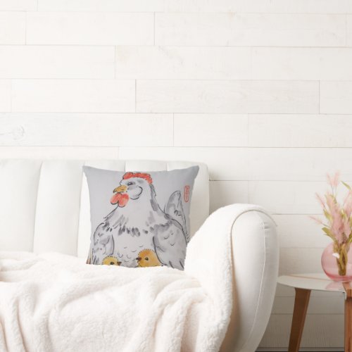 White Hen Yellow Chicks Whimsical Rustic Chicken Throw Pillow