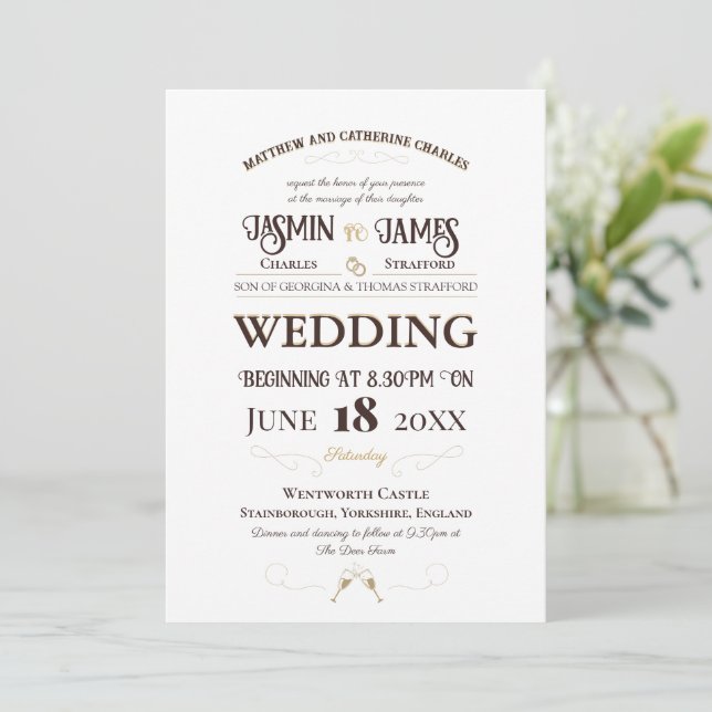 White Heritage Font Typography Wedding Invitation (Standing Front)