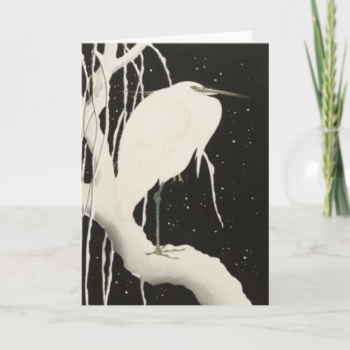 White heron bird snowy winter vintage illustration card