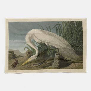 White Heron, Great Egret, Audubon Birds of America Kitchen Towel