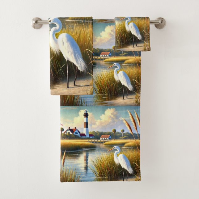 White Heron Marsh and Lighthouse Bath Towel Set (Insitu)