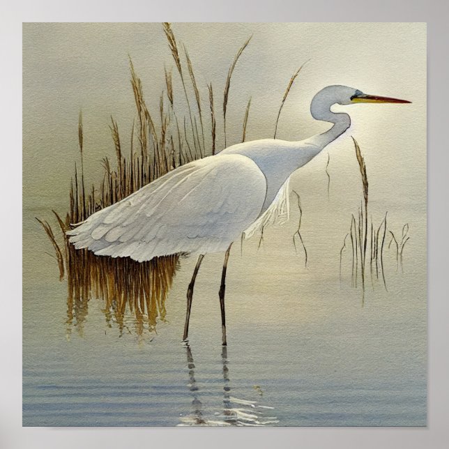 White Heron Watercolor Painting Poster (Front)