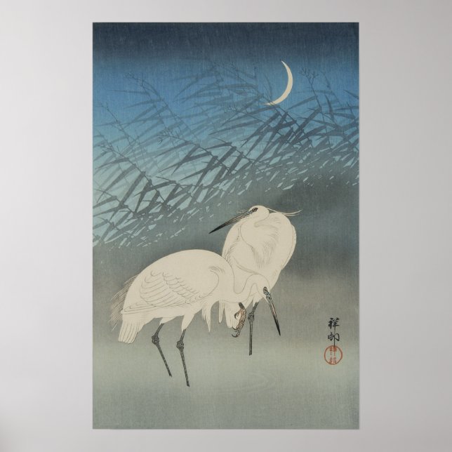 White Herons and Moon, Ohara Koson Poster (Front)