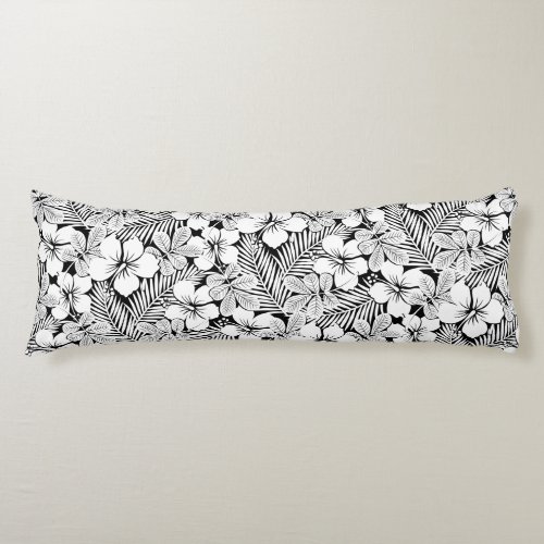 White hibiscus and palm leaves body pillow