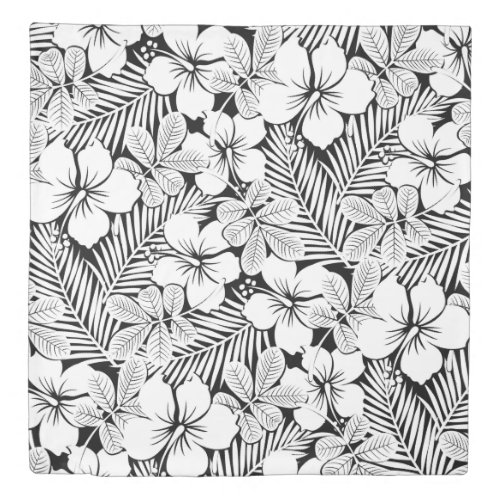 White hibiscus and palm leaves duvet cover