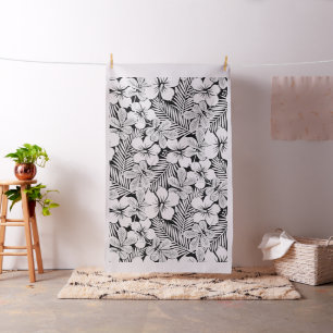 White hibiscus and palm leaves fabric