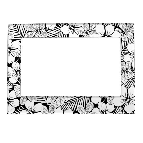 White hibiscus and palm leaves magnetic frame