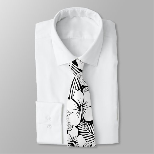 White hibiscus and palm leaves neck tie