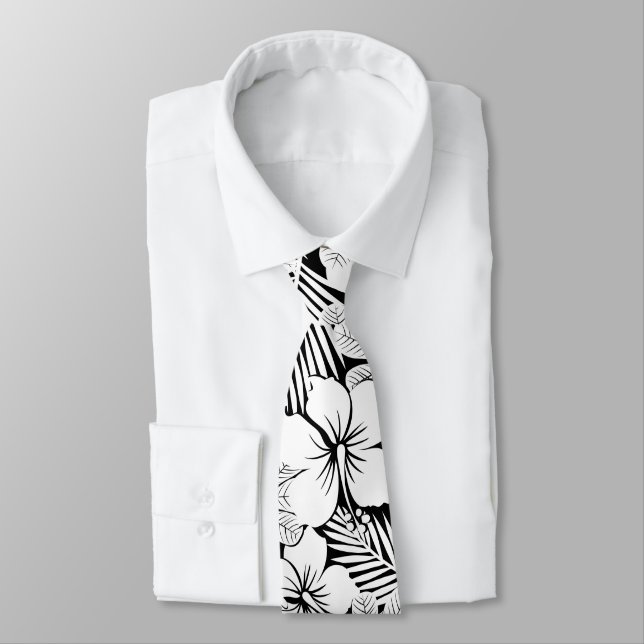 White hibiscus and palm leaves neck tie (Tied)